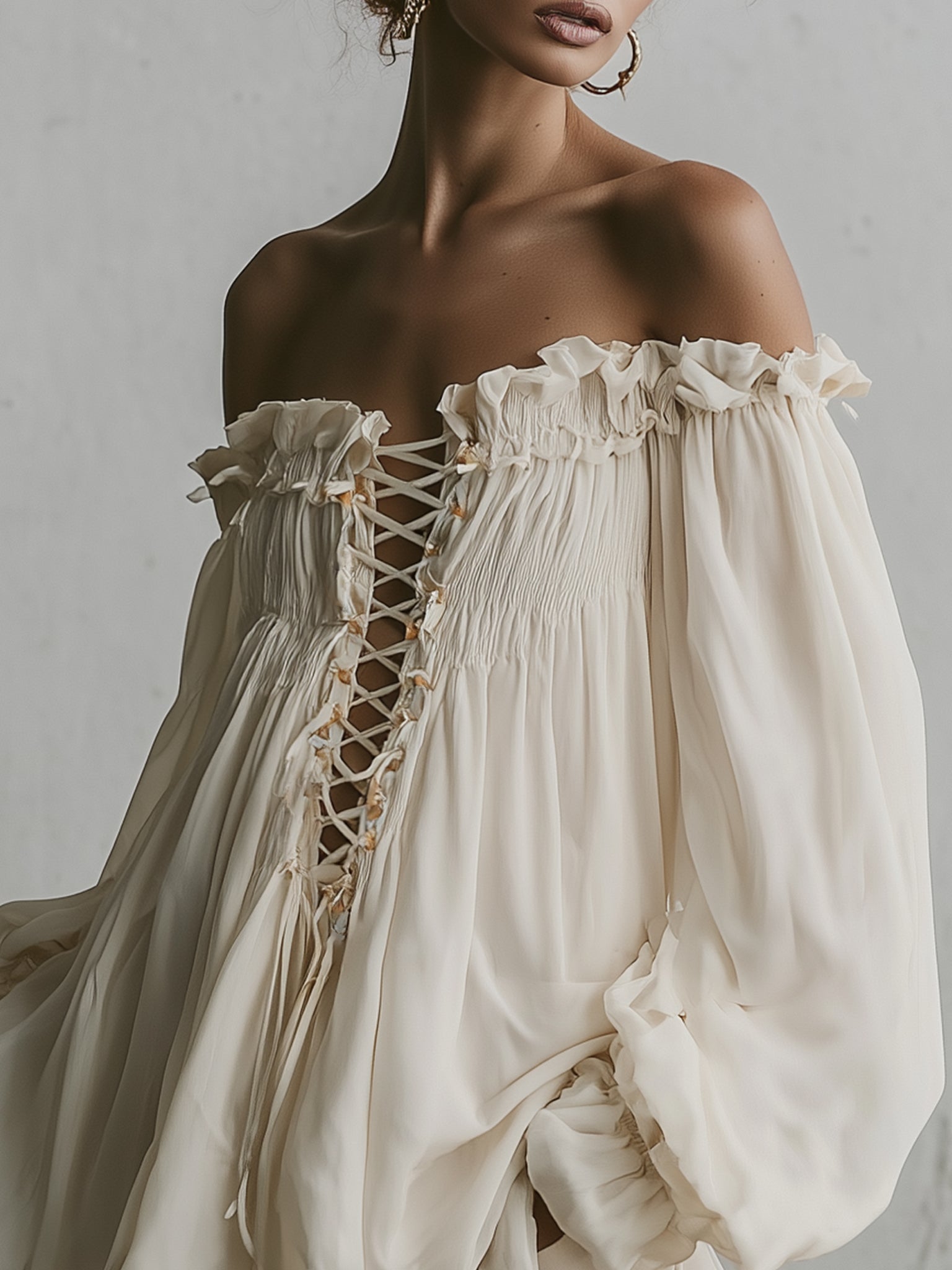 White Lace Up Chiffon Off Shoulder Mini Dress