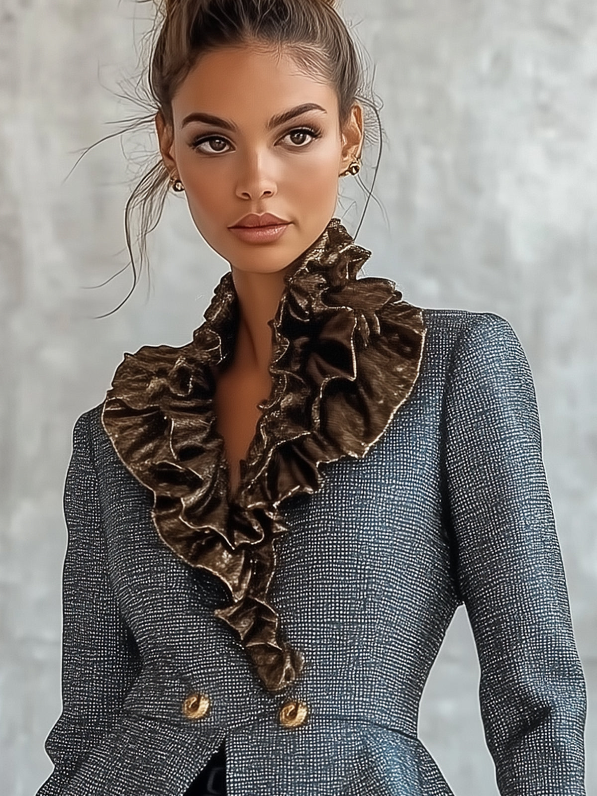 Blue Elegant Ruffled Tweed Jacket