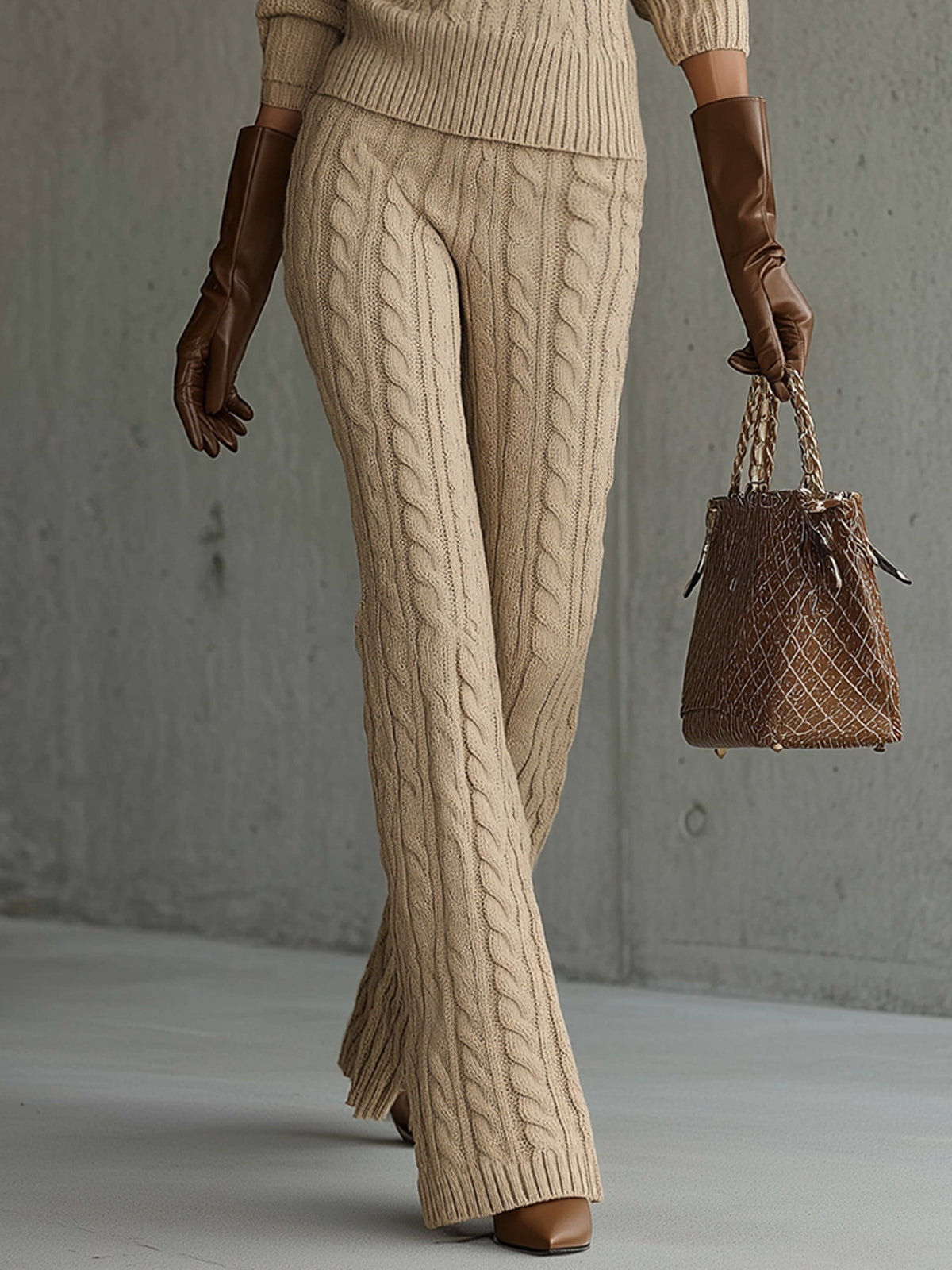 Camel Cable Knit Collared Sweater And Pants Set