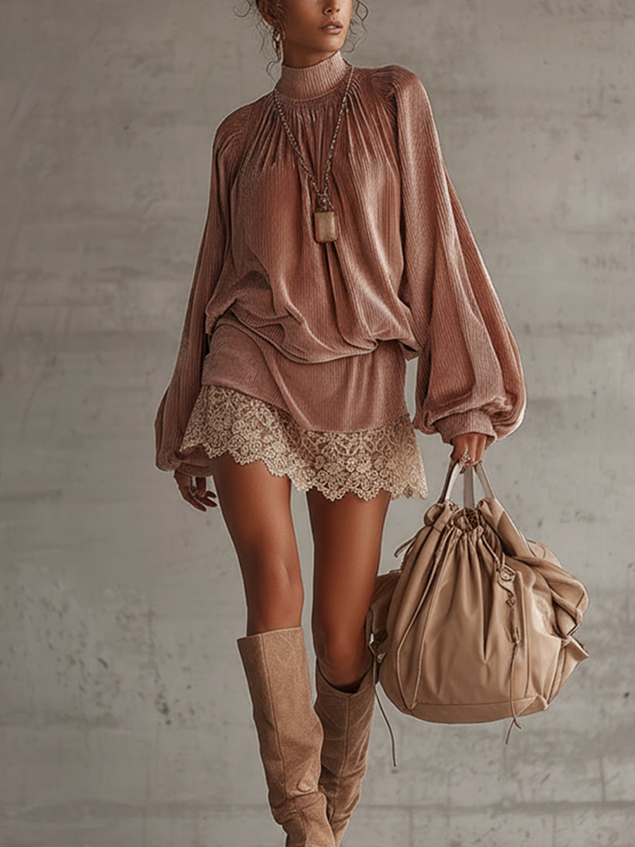 Light Pink High Neck Long Sleeve Velvet Mini Dress With Lace Hem