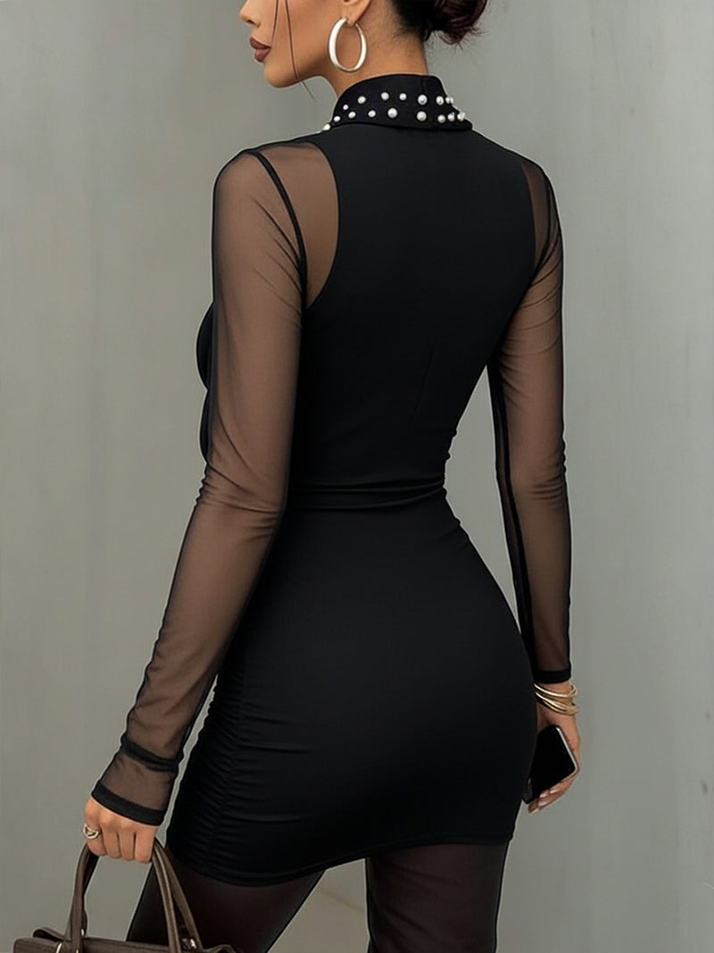 Black Sheer Sleeve Pearl Embellished Cowl Neck T-shirt