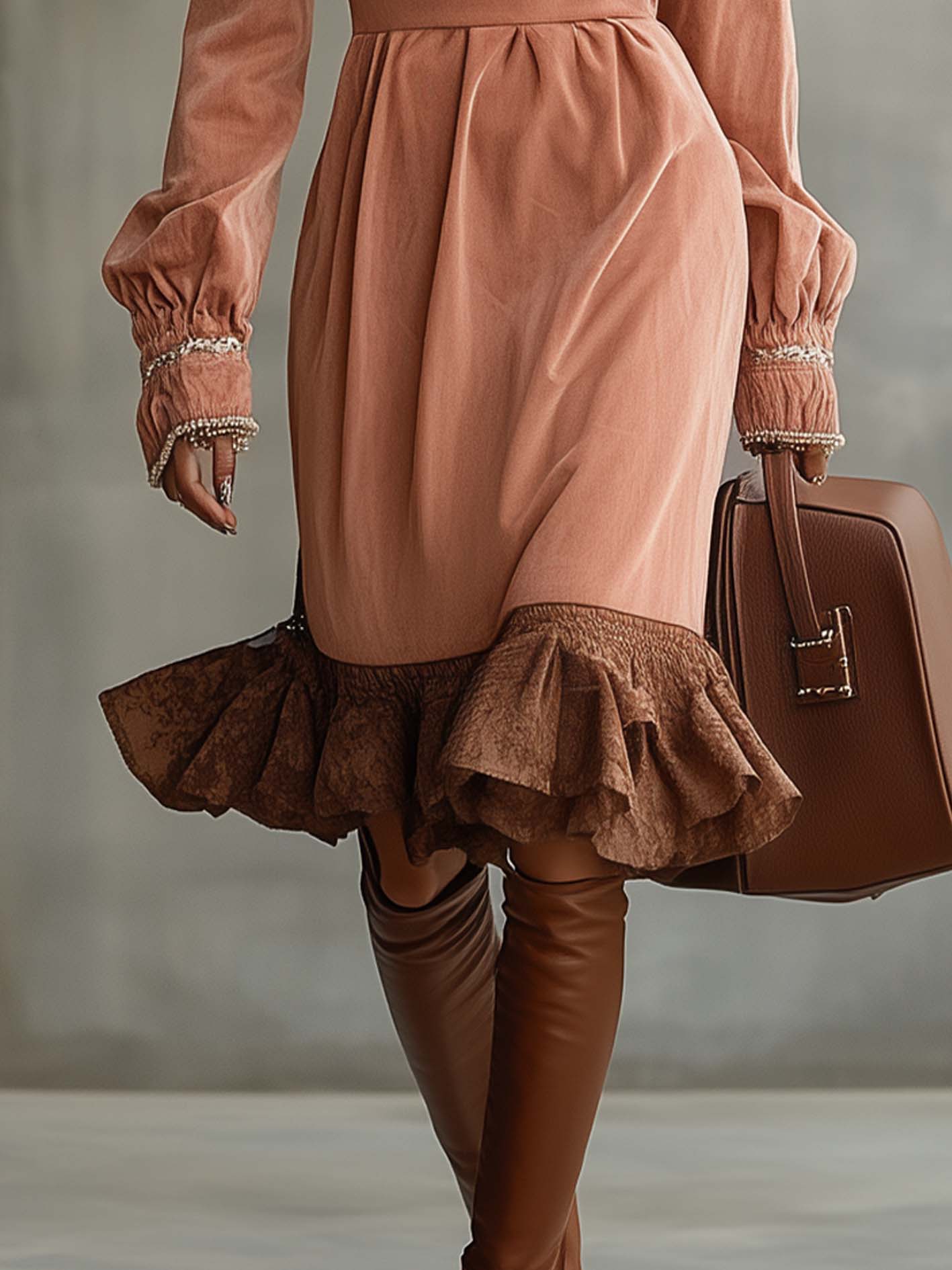 Light Pink Velvet Midi Dress With Lace And Bow