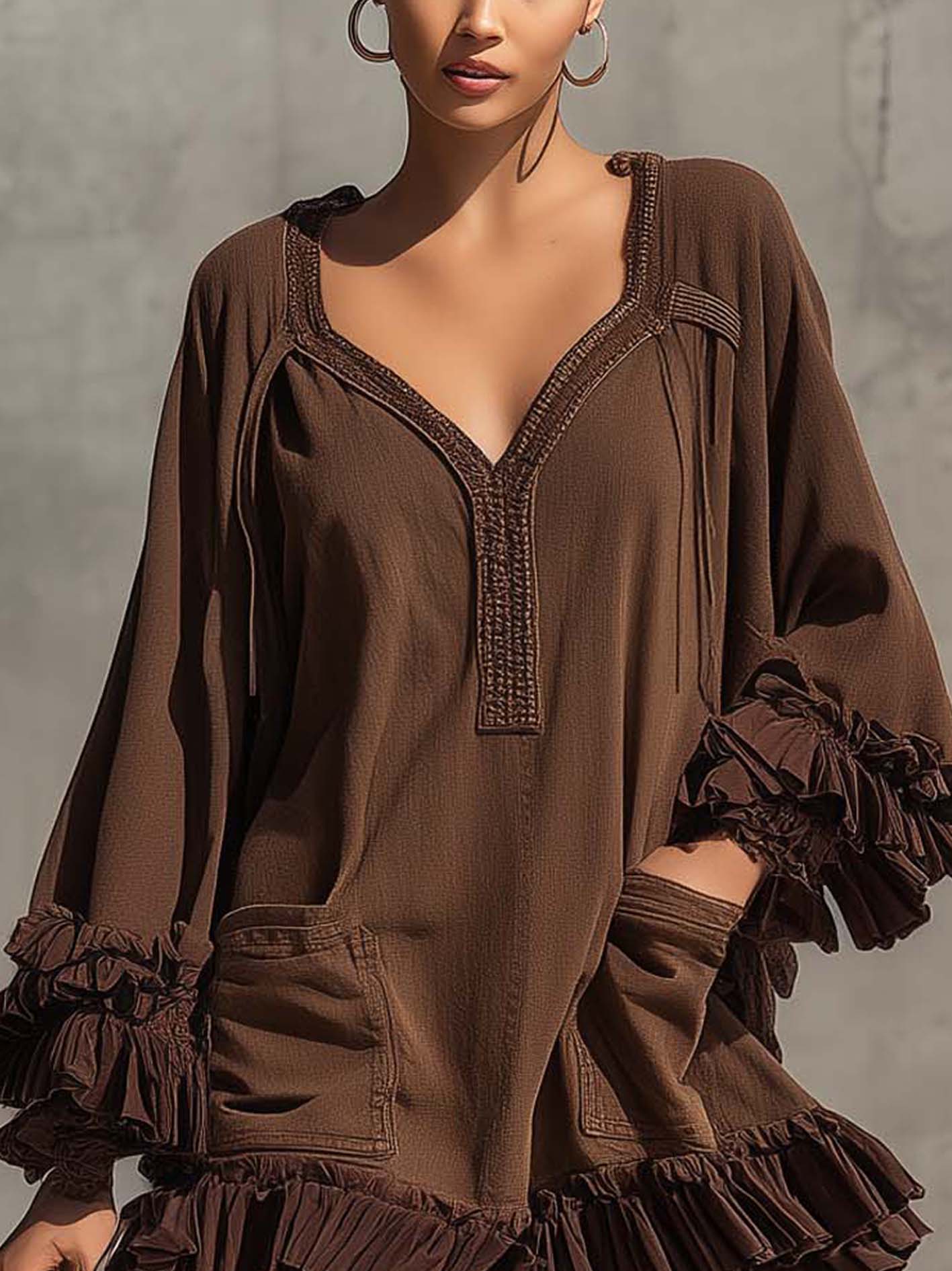 Brown Denim Mini Dress With Chiffon Ruffle Patchwork And Pockets