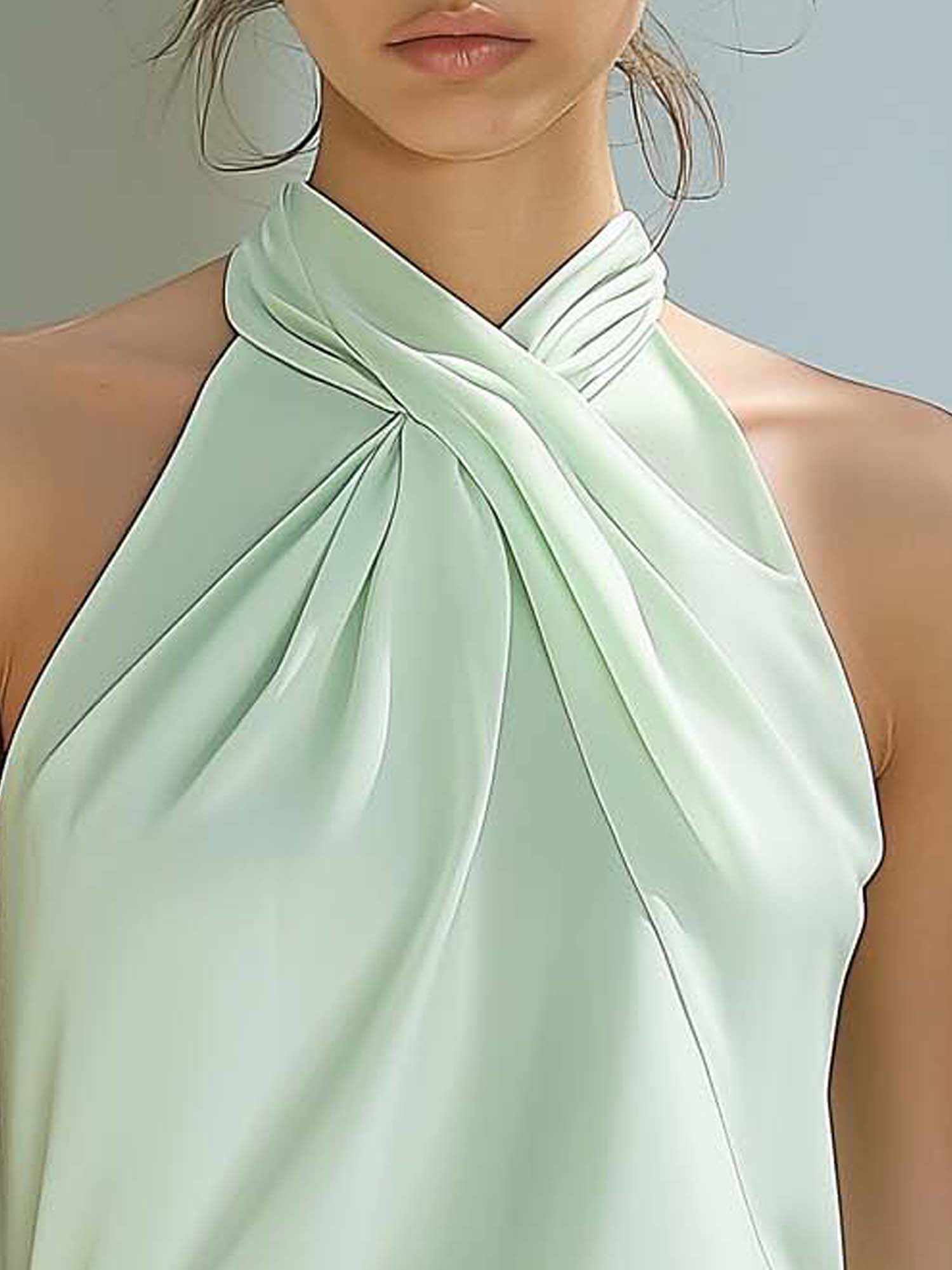Sleeveless Mint Green Chiffon Shirt With Cross Neckline