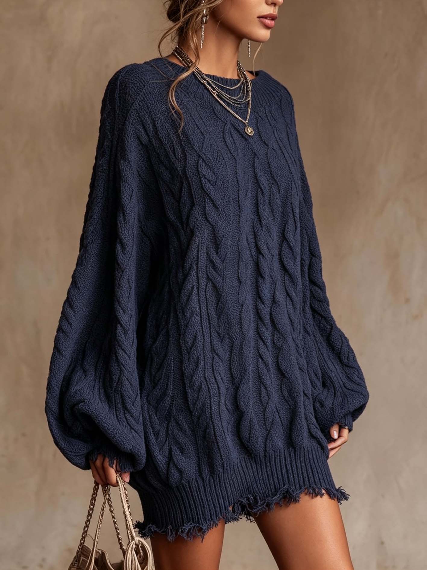 Navy Cable Knit Mini Sweater Dress With Fringe Hem