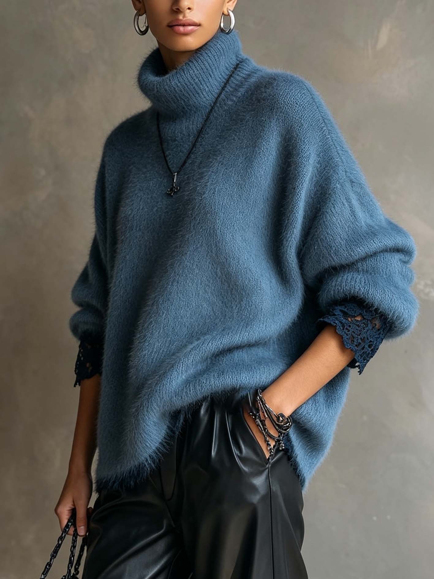 Dusty Blue Fuzzy Turtleneck Sweater With Contrast Lace Cuffs