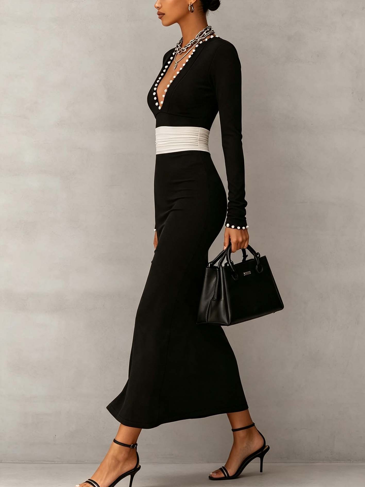 Black Button Trim Deep V-Neck Bodycon Maxi Dress With Contrast Waist Panel