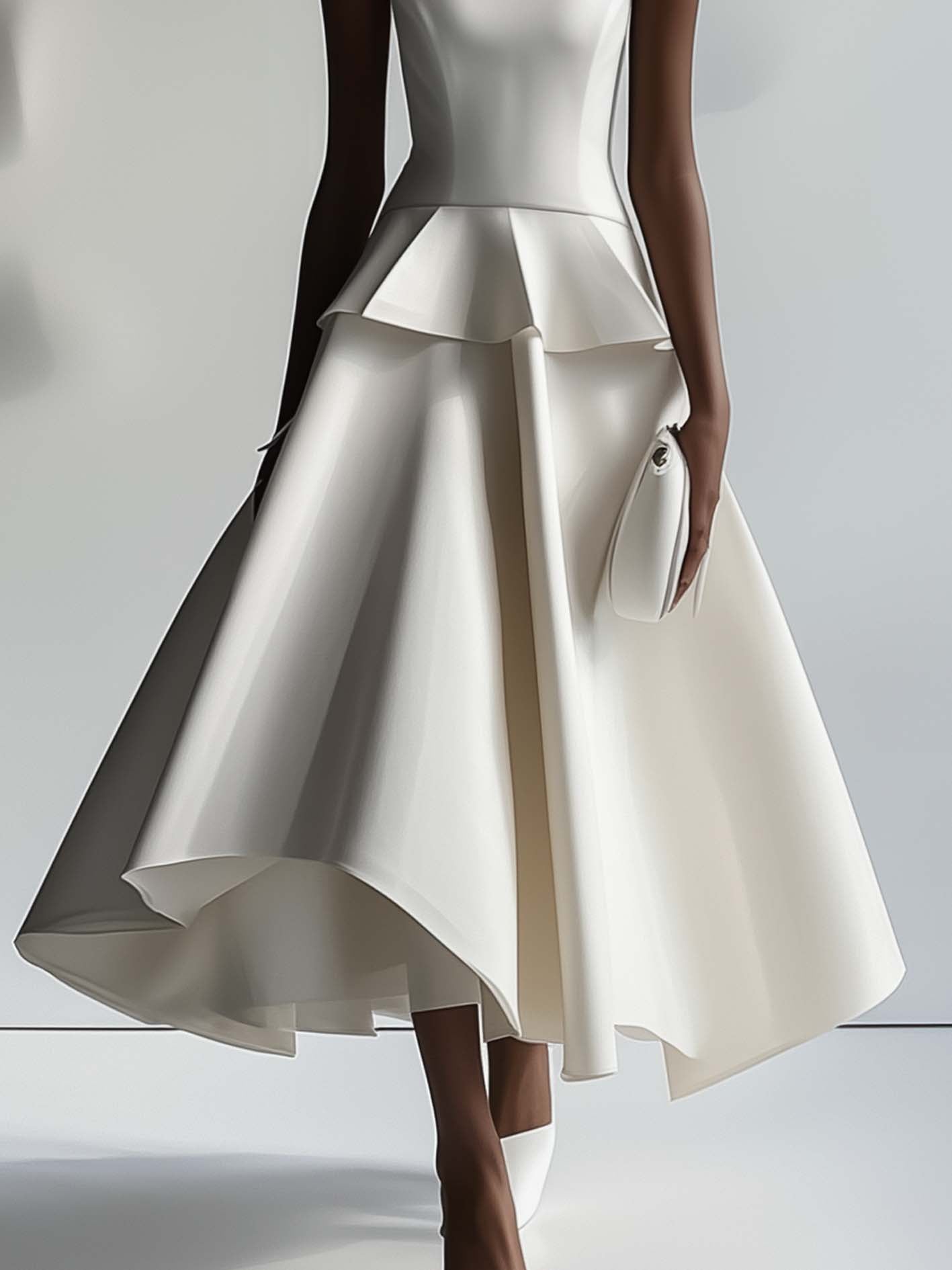 White Satin Maxi Dress With Mesh Neckline And Ruffles