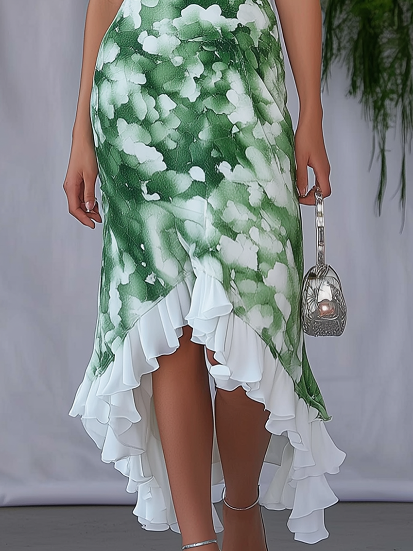 Off Shoulder Midi Bodycon Dress With Green Flowers And Frills