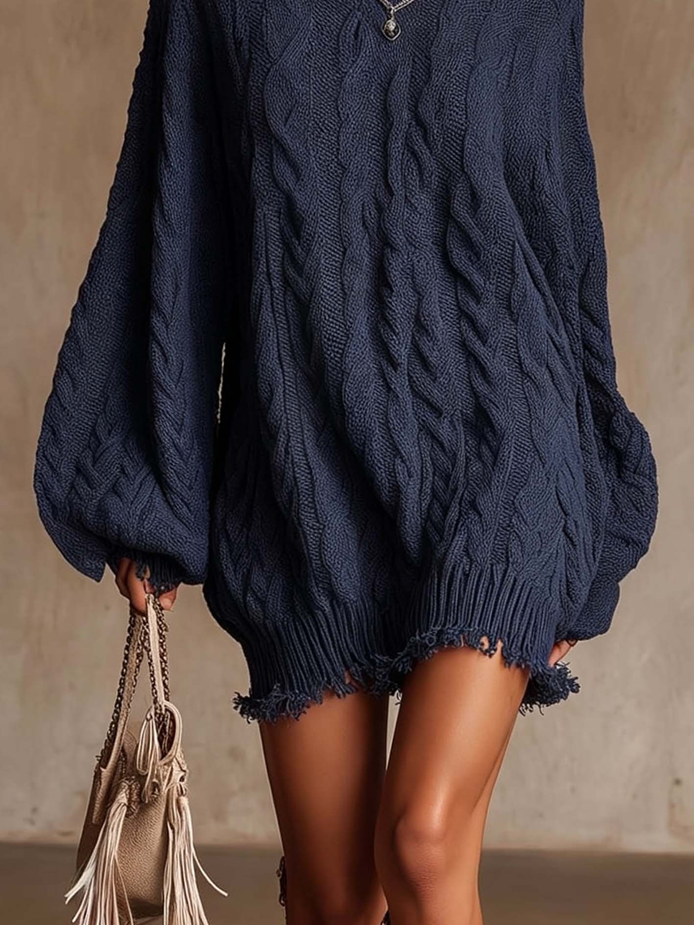 Navy Cable Knit Mini Sweater Dress With Fringe Hem