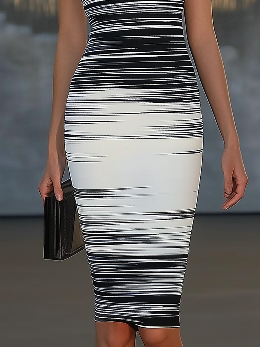 Round Neck Sleeveless Black Midi Bodycon Dress With White Gradient Stripe Print
