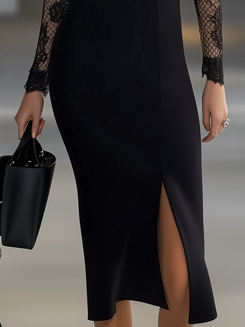 One Shoulder Black Midi Bodycon Dress With Lace Sleeves