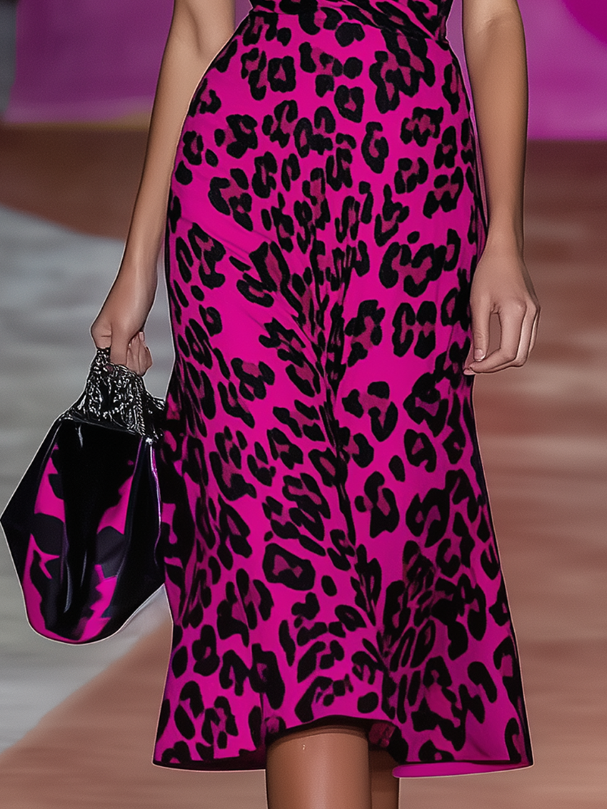 One Shoulder Magenta Midi Dress With Black Leopard Print