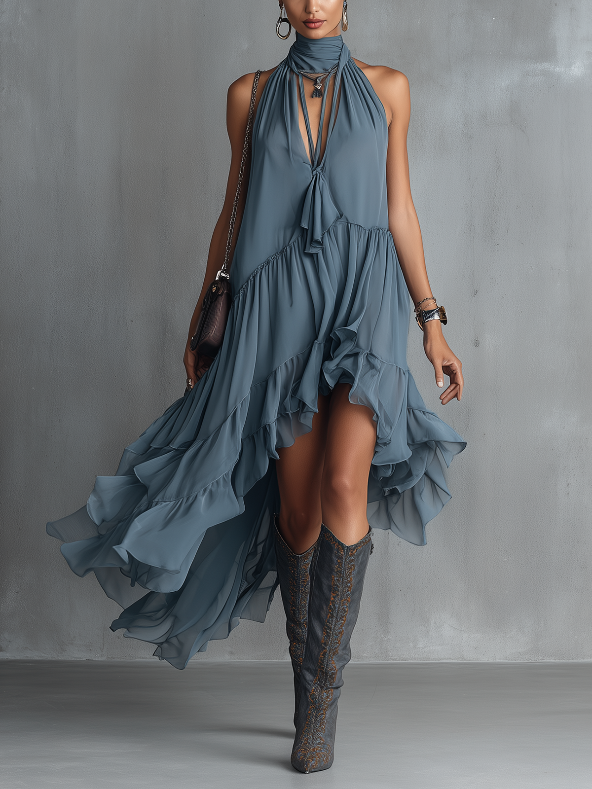 Blue Ruffled Chiffon Halter High-Low Midi Dress