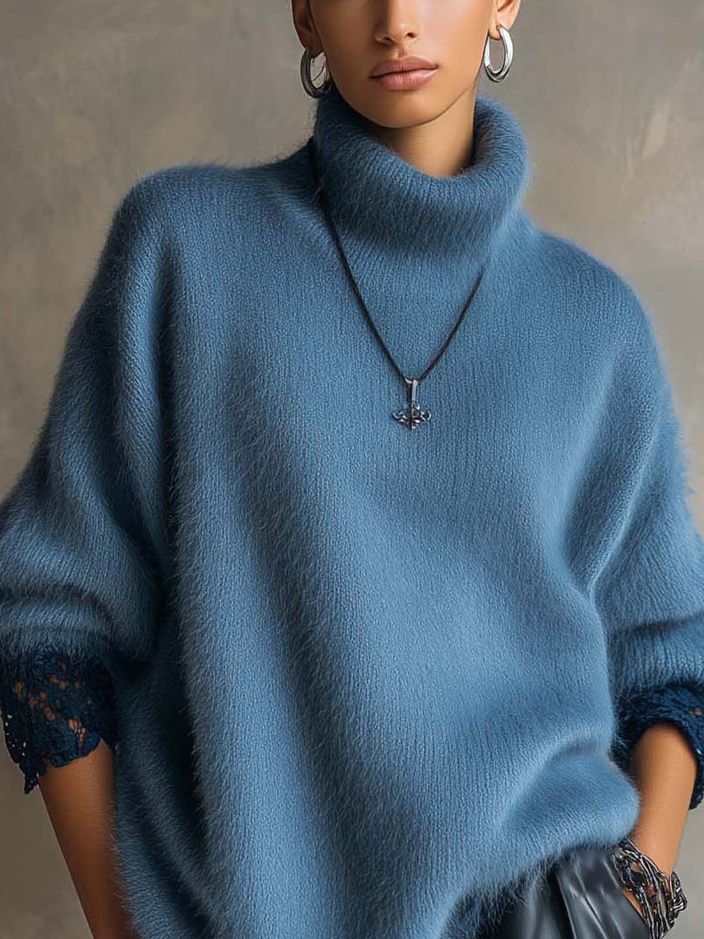 Dusty Blue Fuzzy Turtleneck Sweater With Contrast Lace Cuffs