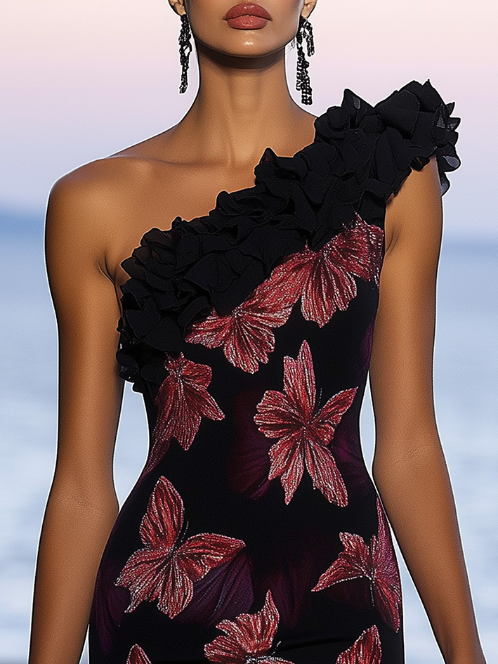 One Shoulder Black Midi Bodycon Dress With Fashion Butterfly Print