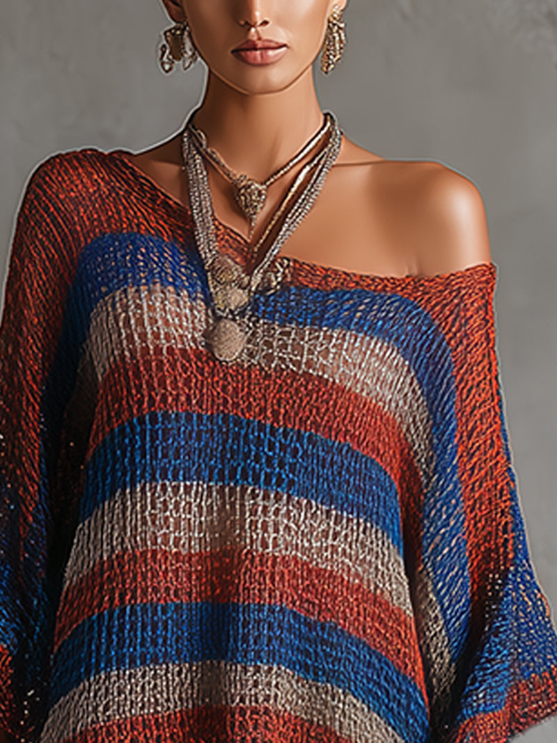 Multicolor Open-Knit Striped Oversized Cover-Up Dress