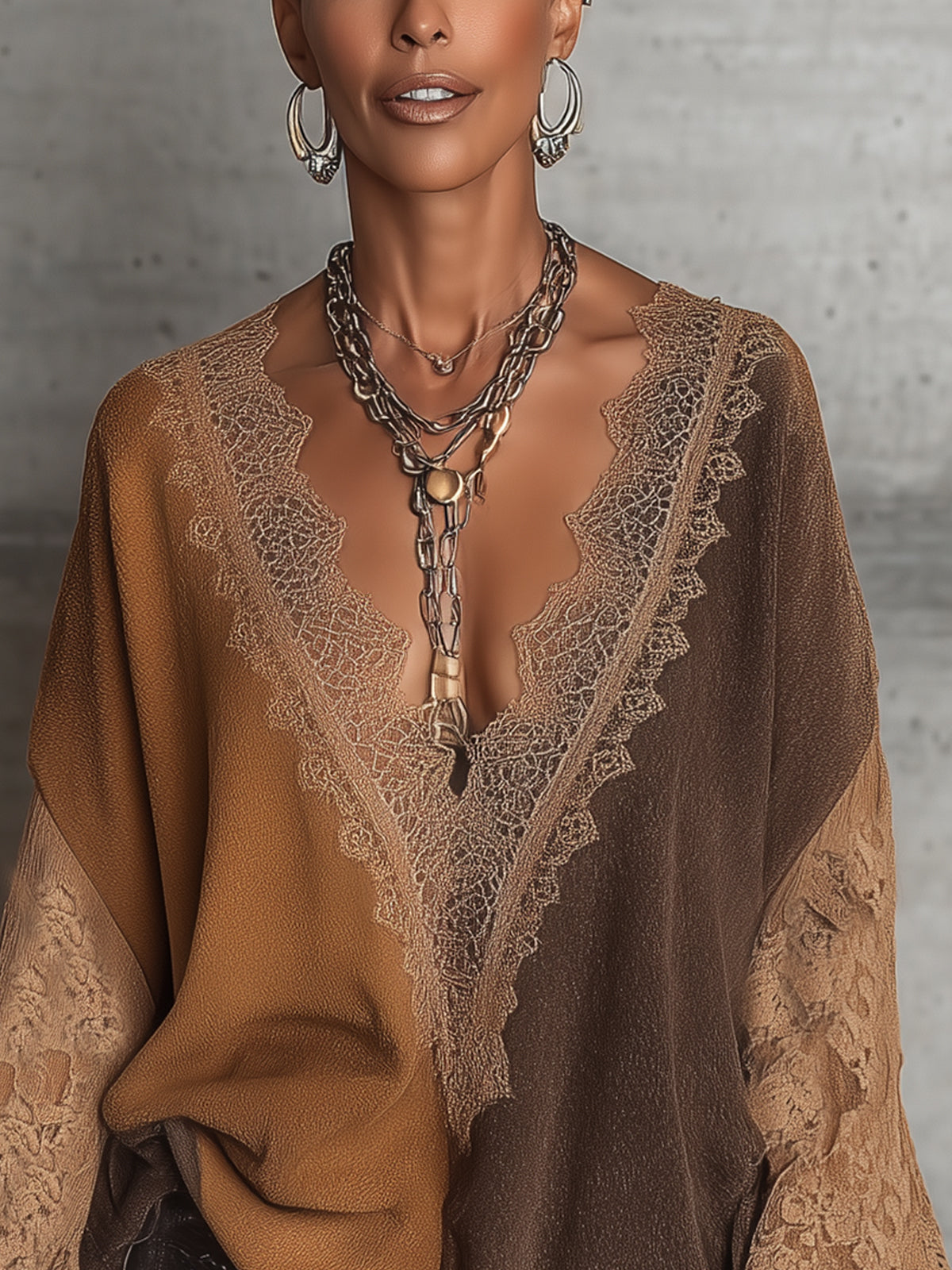 Brown Lace Trim V-Neck Sweater With Lace Sleeves