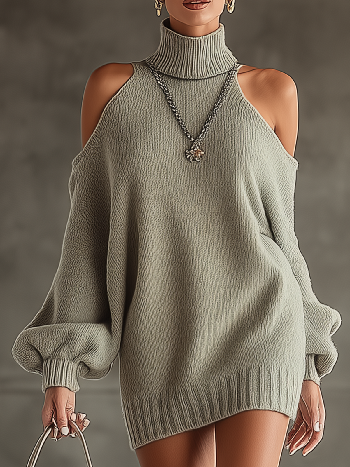 Green Cold-Shoulder Turtleneck Oversized Sweater Dress
