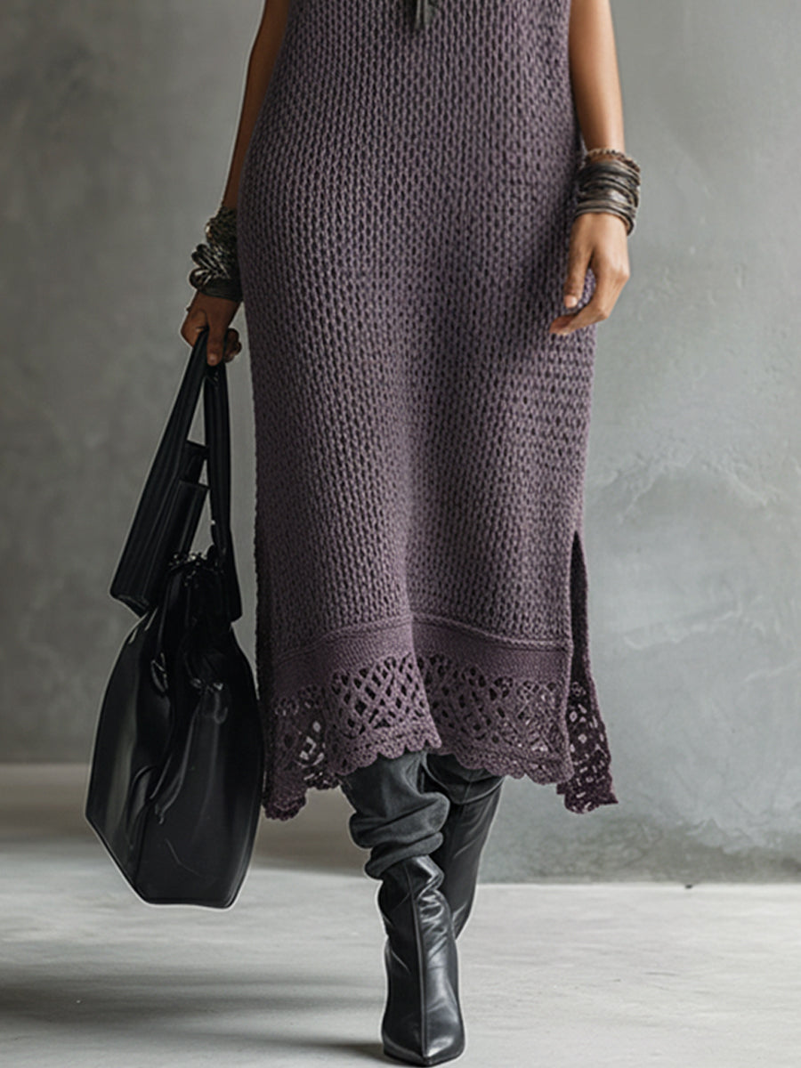 Purple Deep V-Neck Knit Maxi Dress With Lace Hem