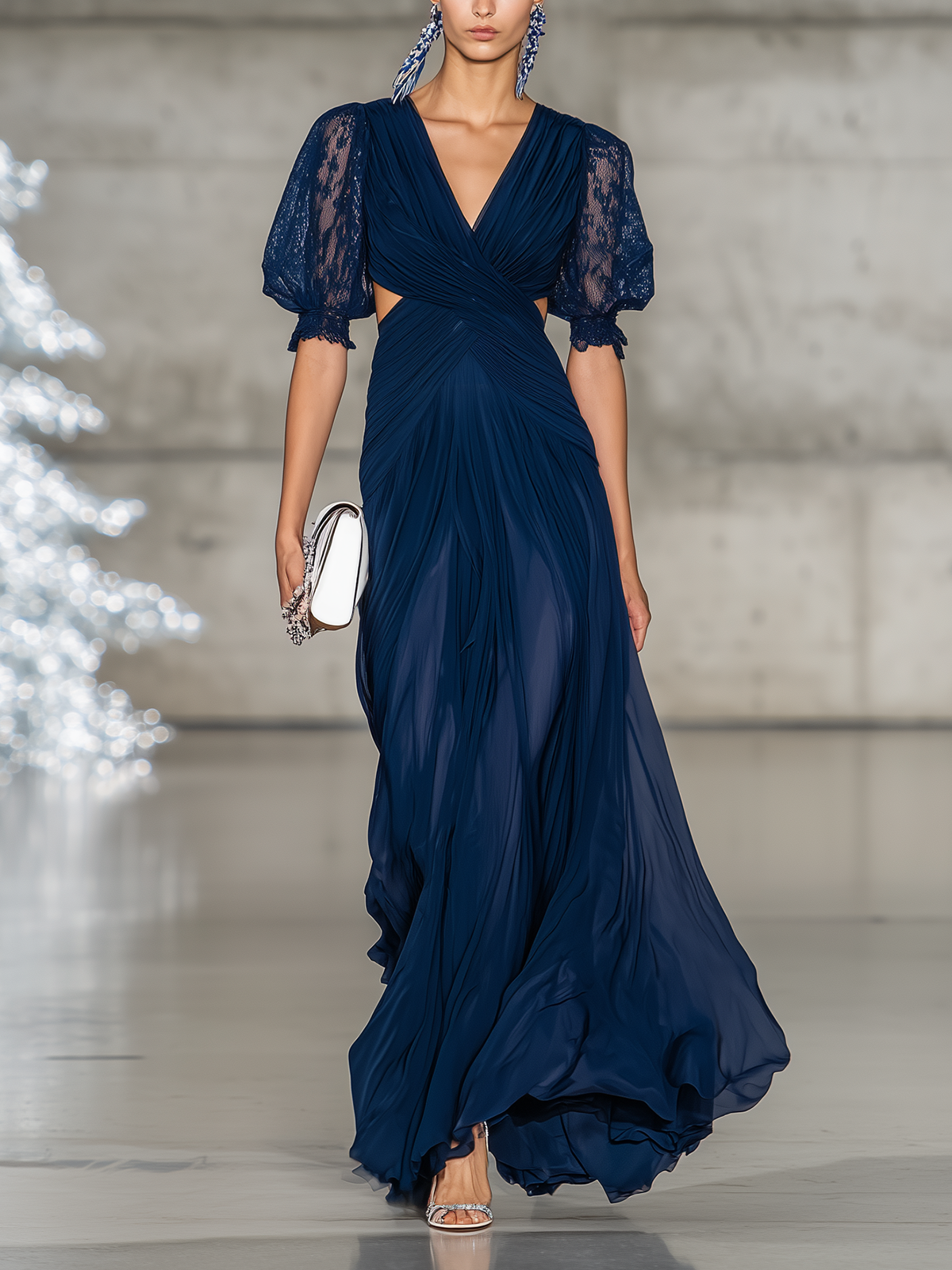 Navy Blue Chiffon Lace Puff Sleeve Maxi Dress