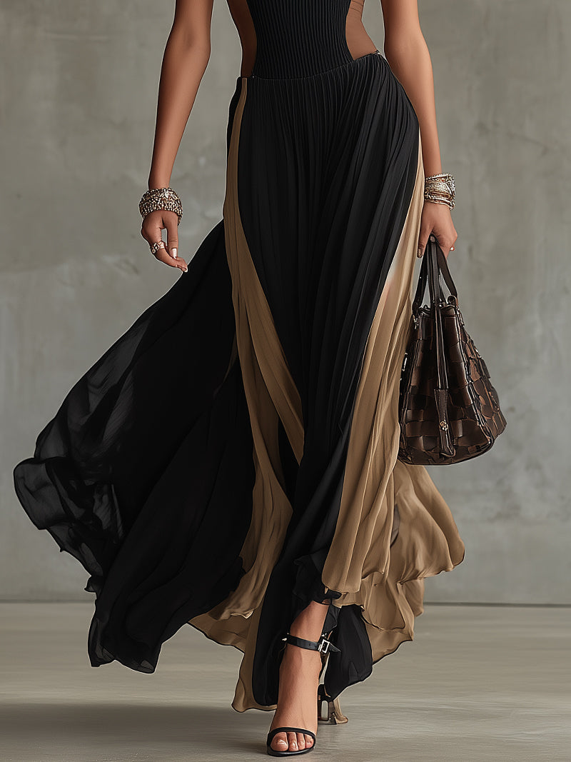 Black And Brown Colorblock Halter Maxi Dress With Pleated Skirt