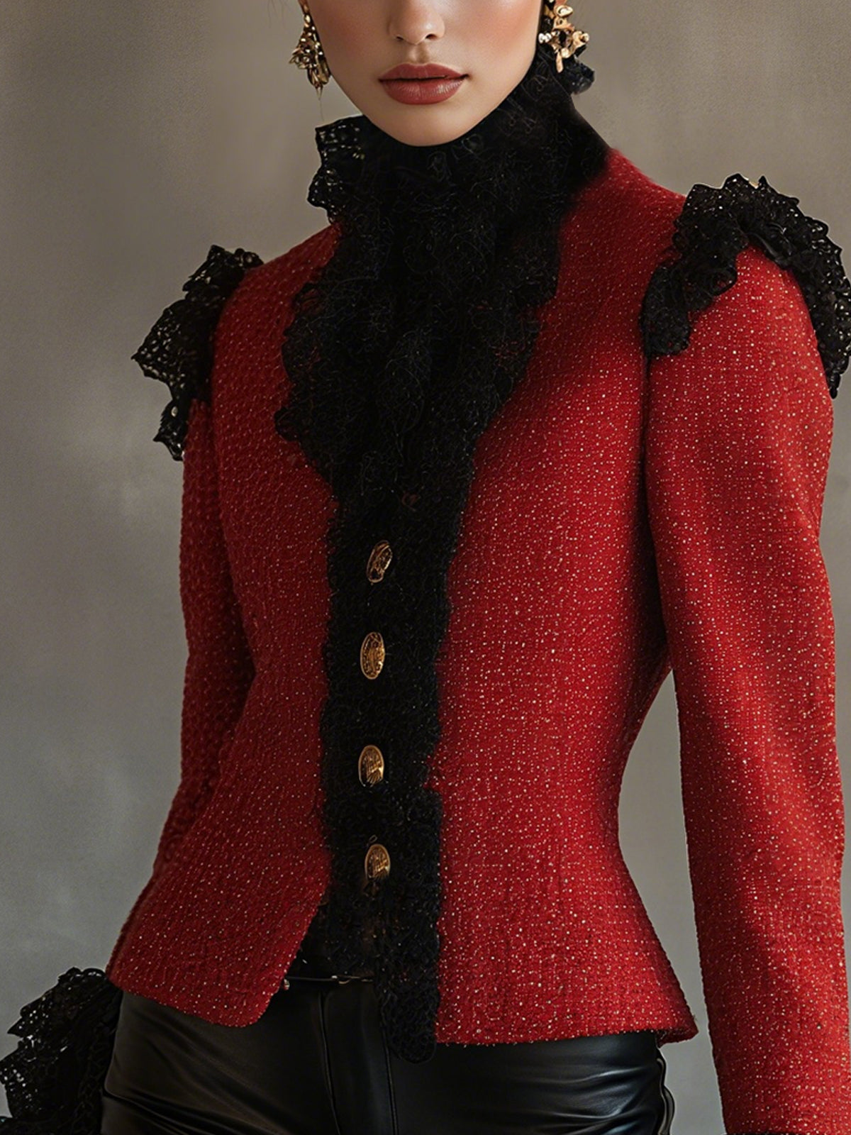 Red Tweed Jacket With Lace Ruffle Detail