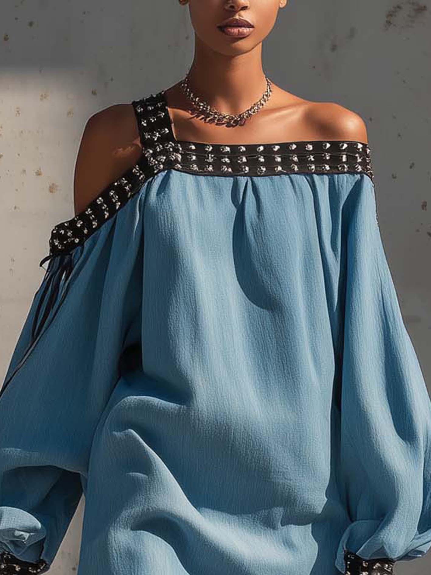 Blue Studded Strap Off Shoulder Loose Mini Dress