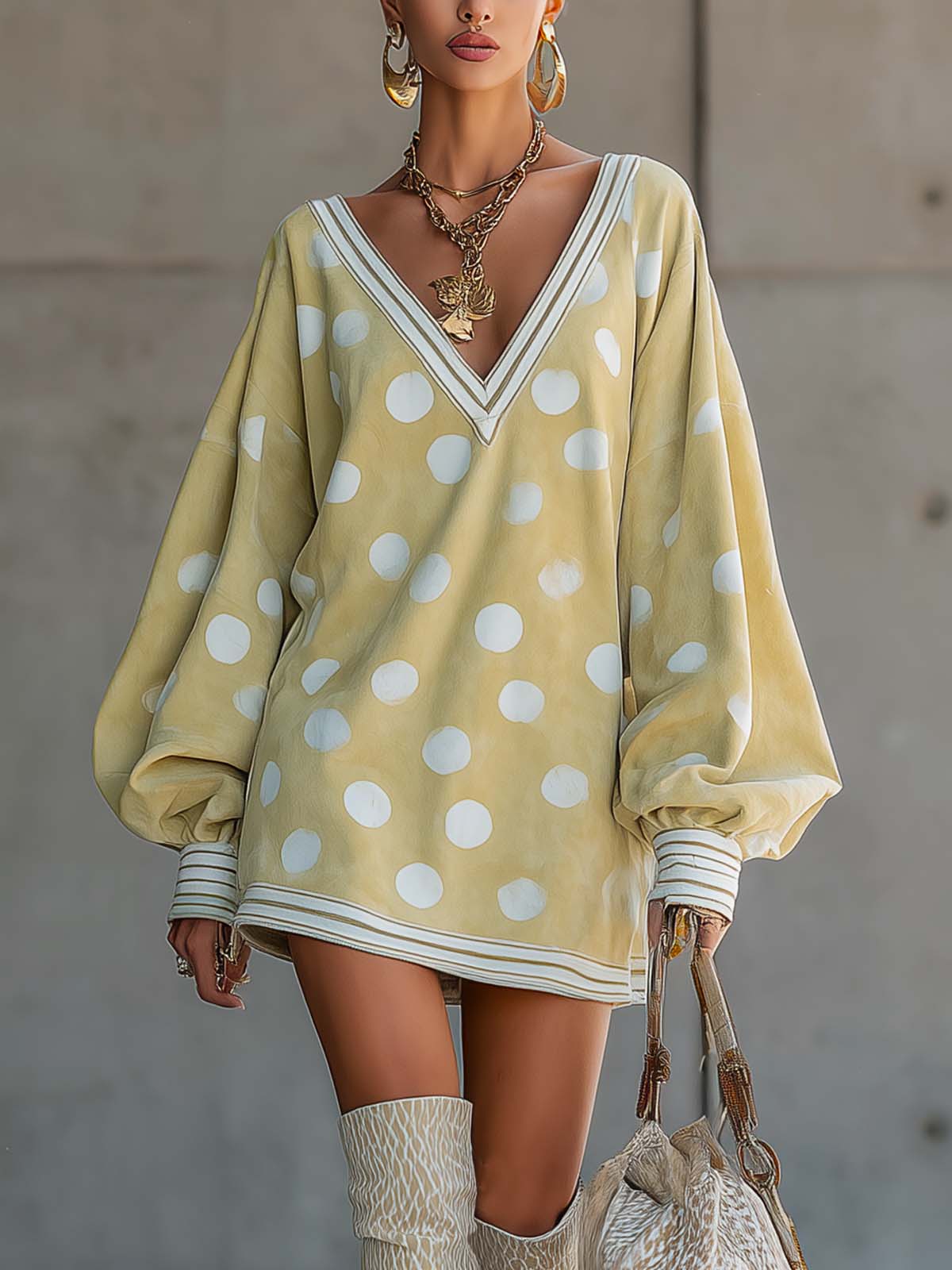 Yellow Faux Suede Polka Dot V-neck Loose Mini Dress