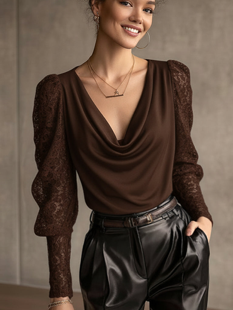 Chocolate Stretch Knit Lace Sleeve Top