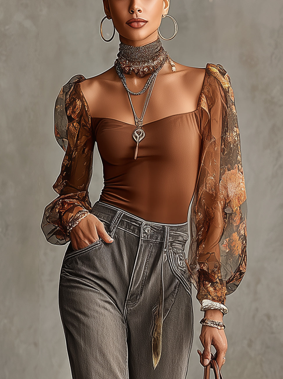 Brown Off-Shoulder Mesh Floral Sleeve Blouse