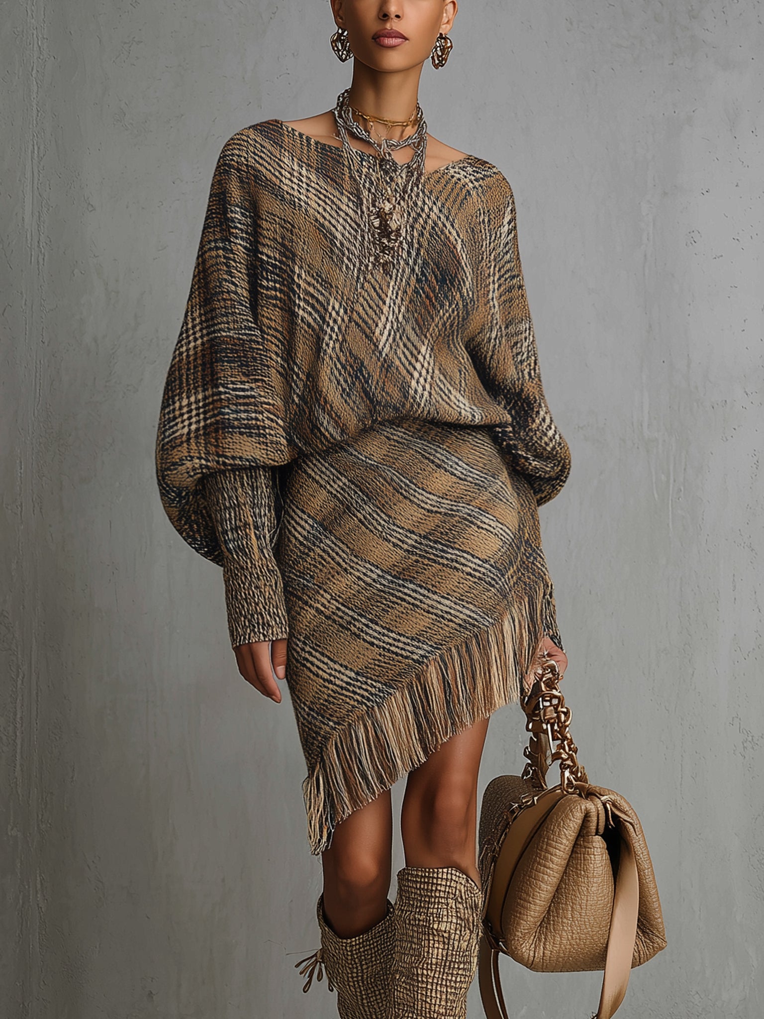 Brown Plaid Fringe Knit Long Sleeve Mini Dress