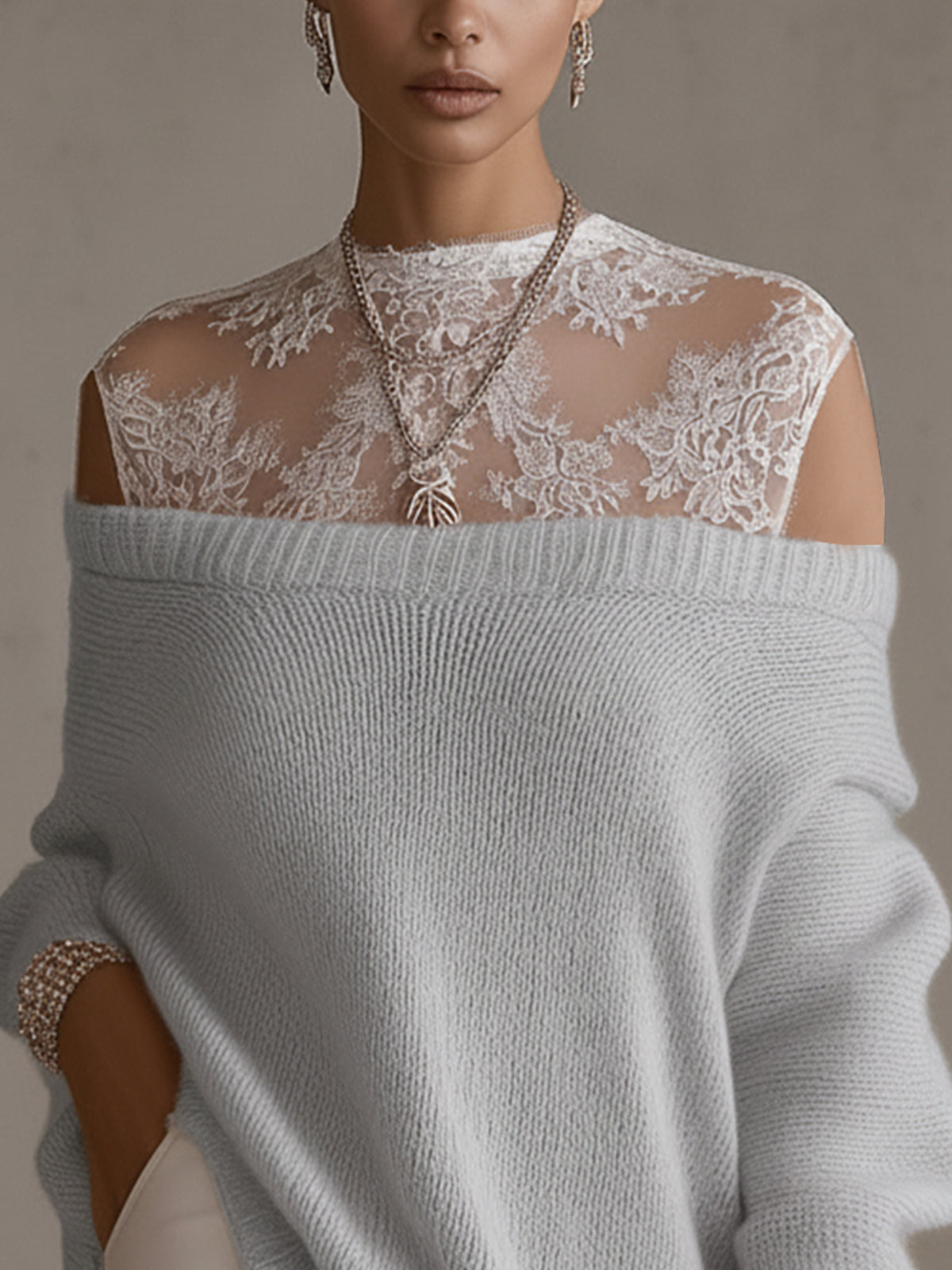 Gray Sweater With Sheer Lace Neckline And Relaxed Silhouette