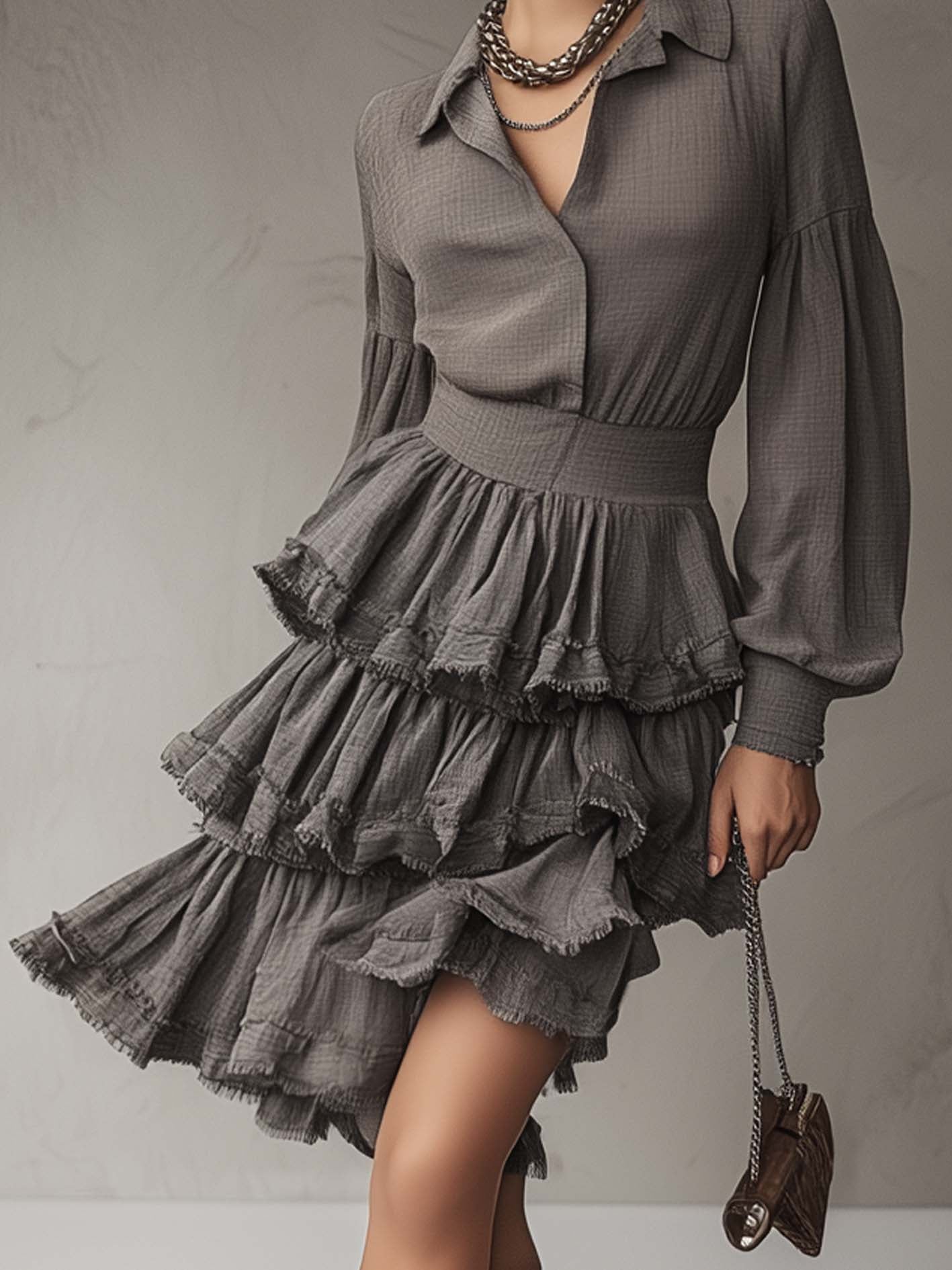 Gray Textured Fabric Ruffle Mini Dress With Lapel Collar