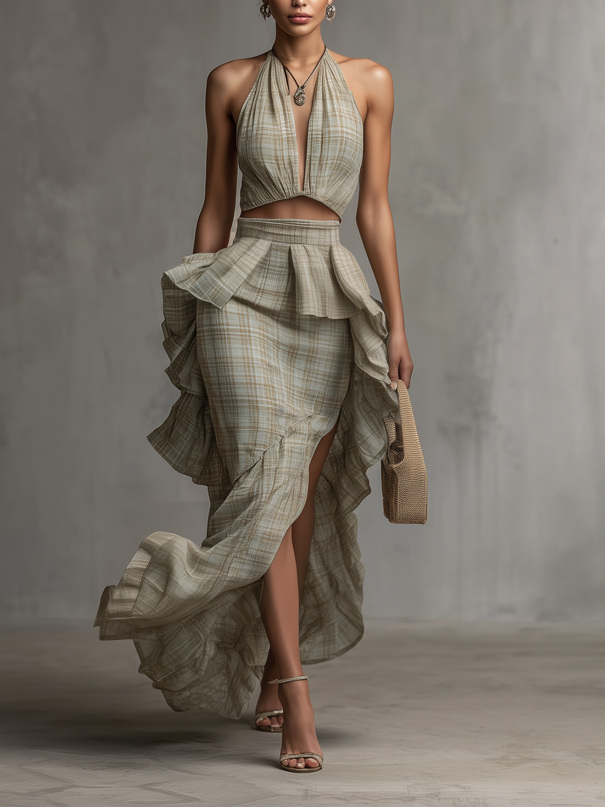 Green Plaid Ruffled Halter Maxi Dress