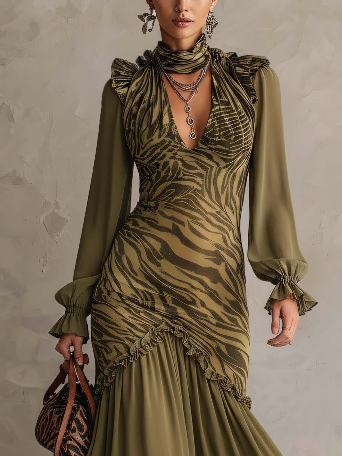 Olive Green Zebra Print Ruffle Patchwork Maxi Bodycon Dress