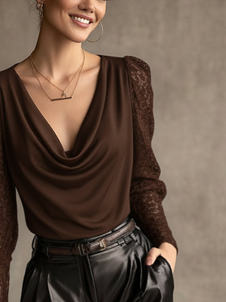 Chocolate Stretch Knit Lace Sleeve Top