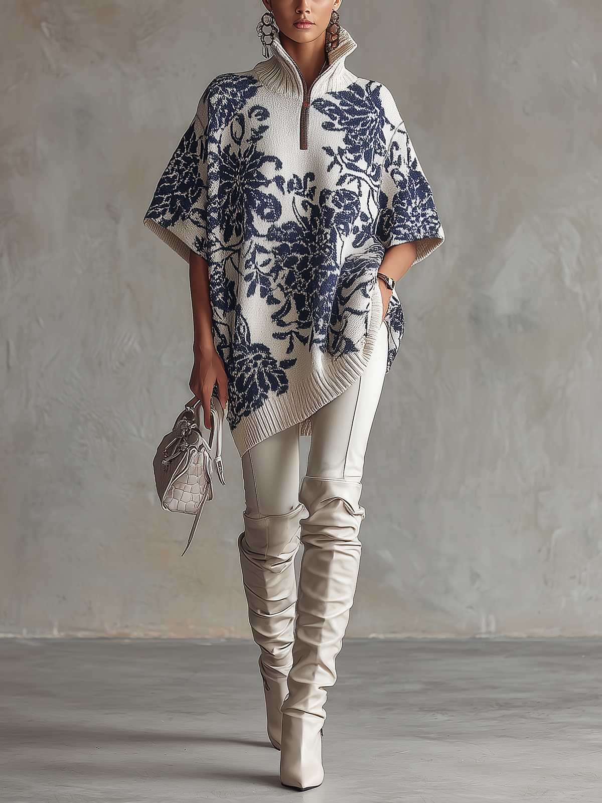 White Navy Floral Knit Half-Zip Poncho Sweater