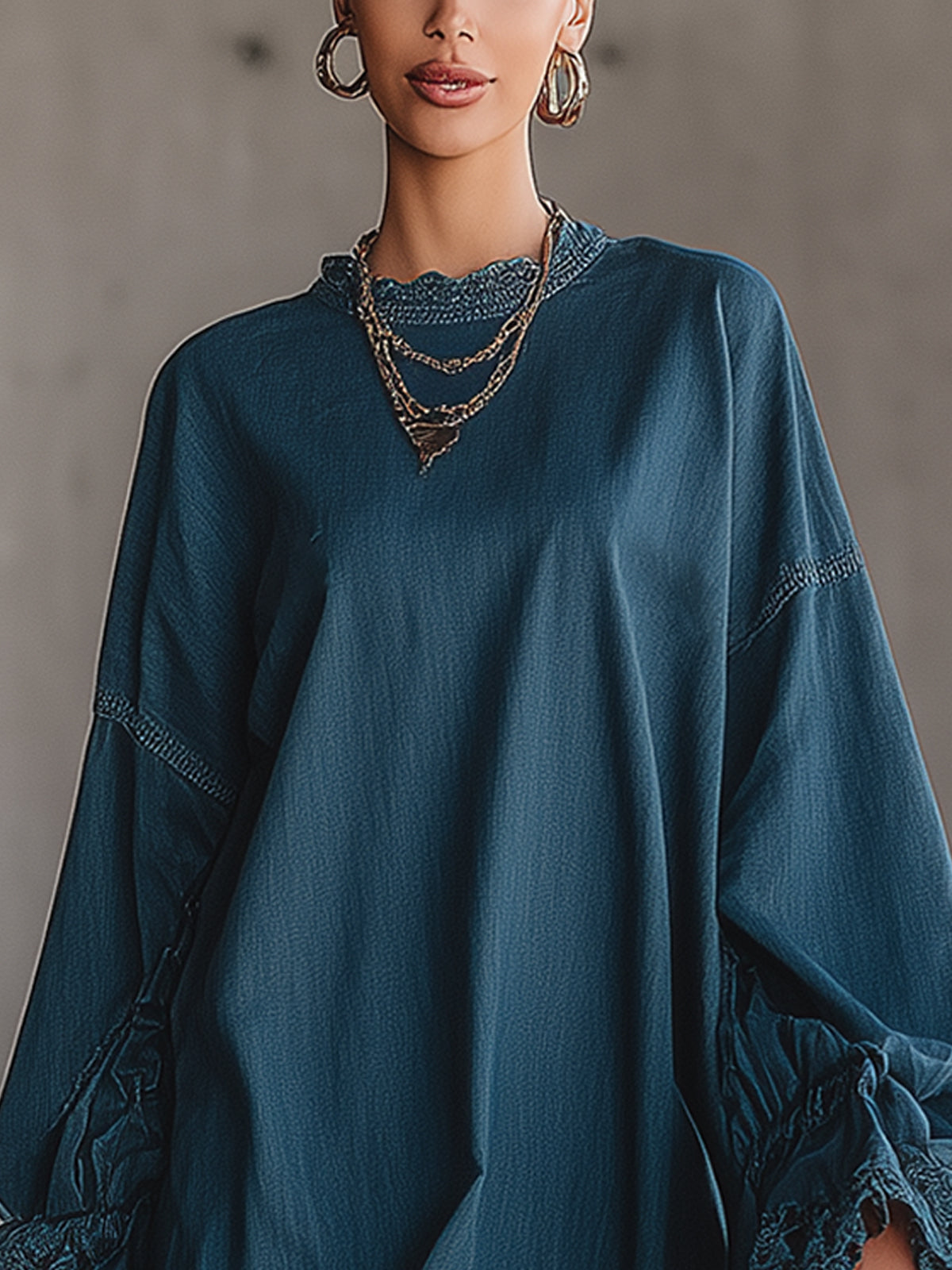 Blue Lace Trim Balloon Sleeve Denim Mini Dress