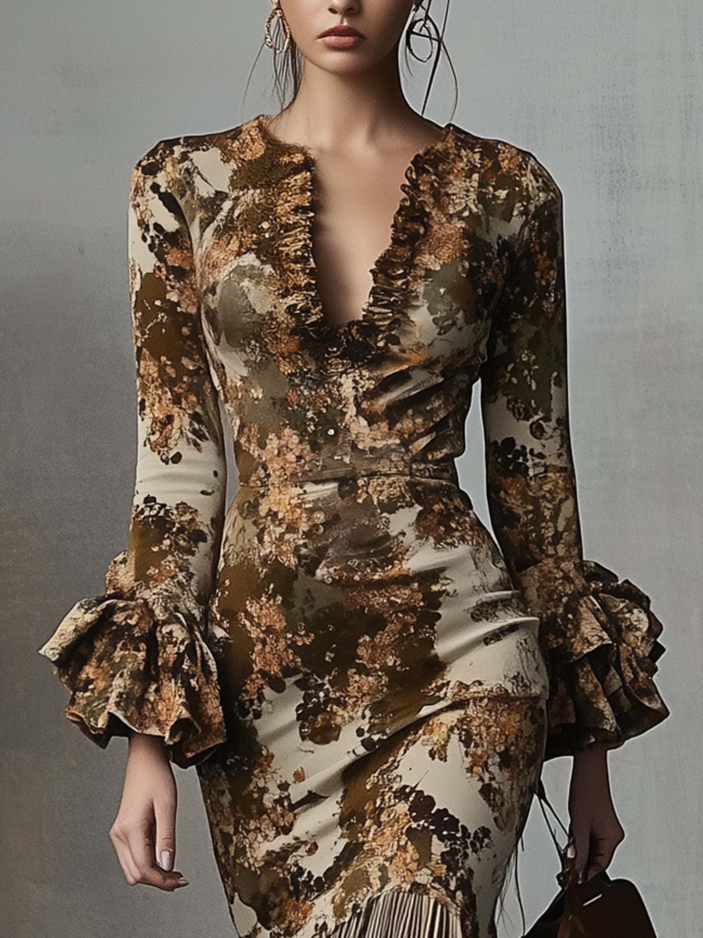 Beige Midi Bodycon Dress With Brown Fashion Camouflage And Tassels