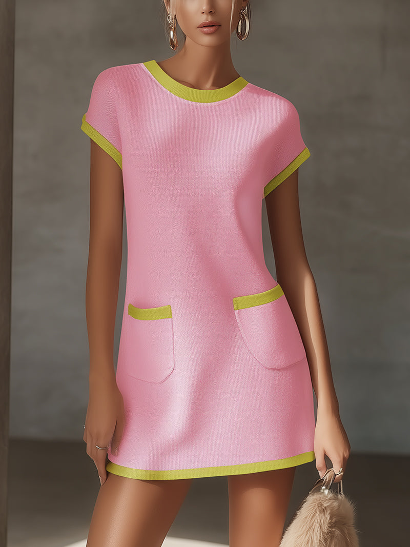 Pink Short-Sleeve Knit Mini Dress With Lime Trim