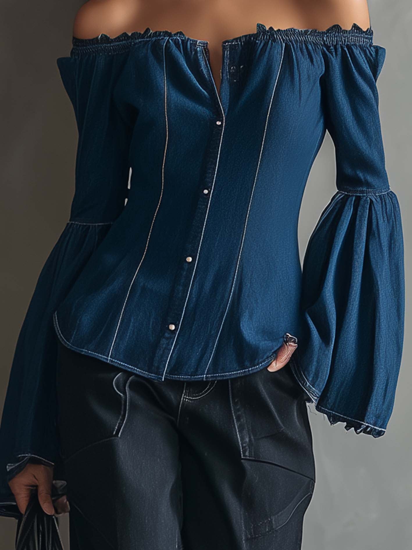 Off Shoulder Denim Patchwork Blouse