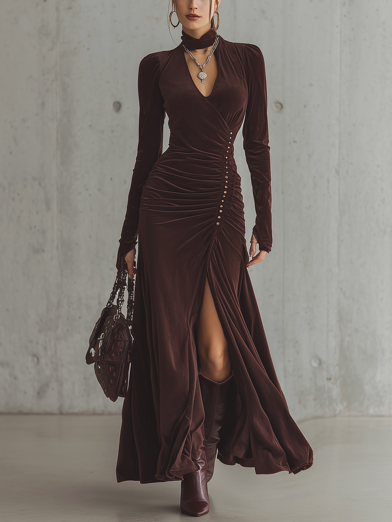 Reddish Brown Velvet Maxi Dress With Button Detail