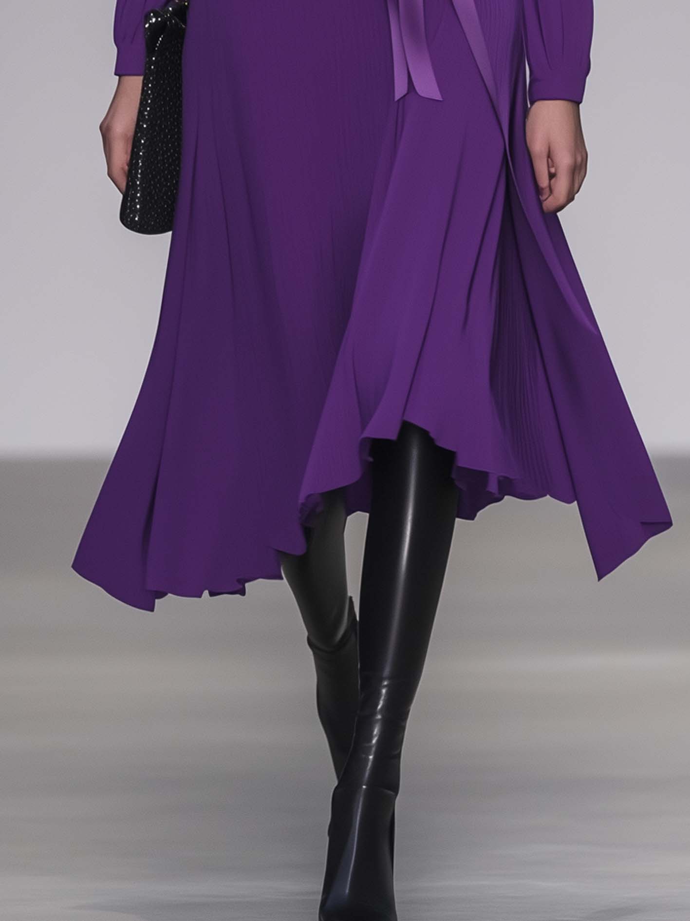Round Neck Long Sleeve Purple Midi Dress With Belt