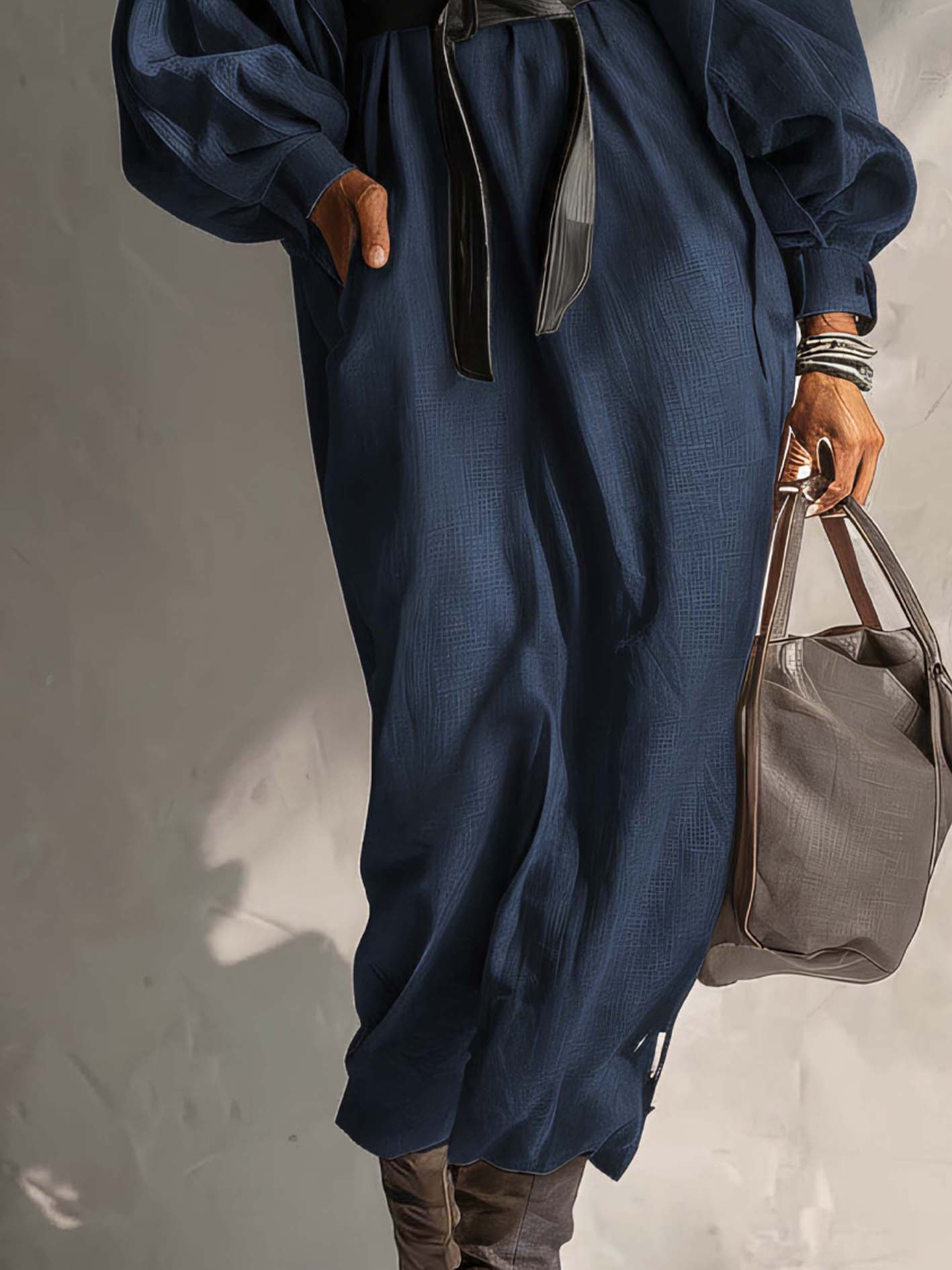 Deep Navy Cotton Linen Maxi Dress With Asymmetric Neckline