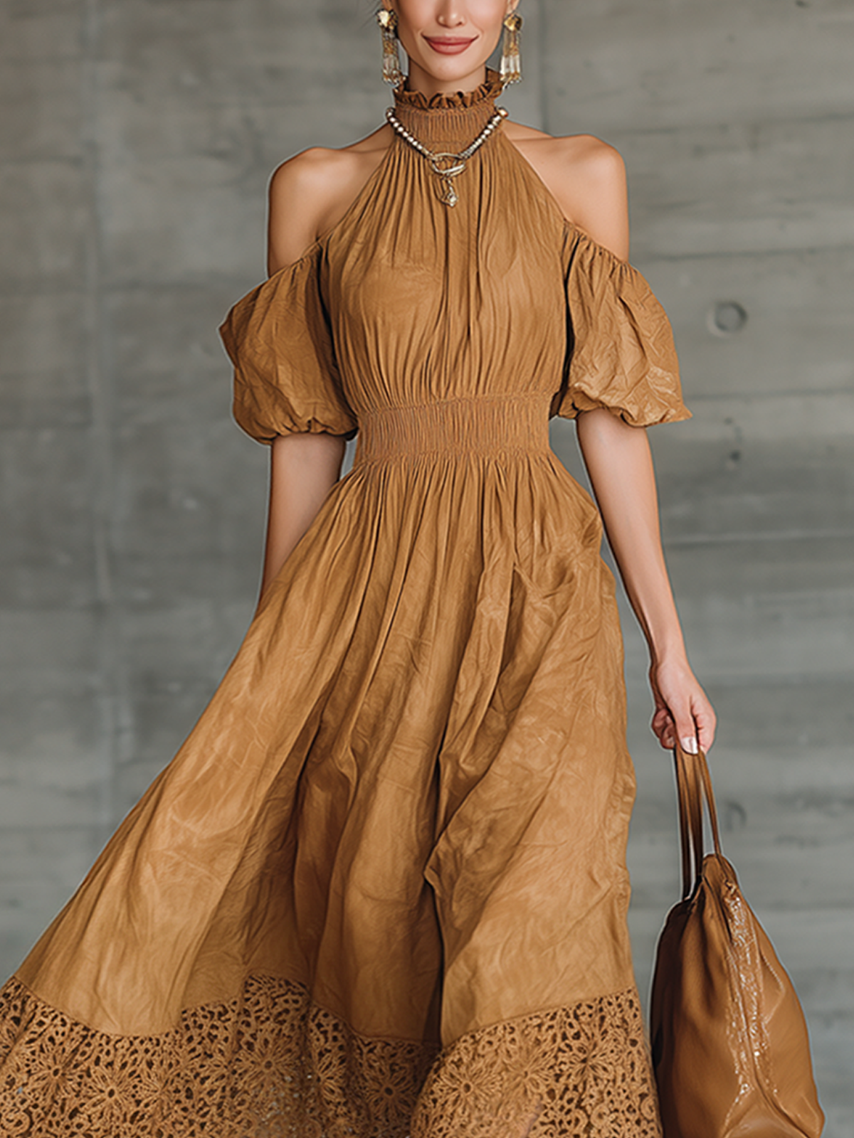 Brown Halter Neck Cold Shoulder Maxi Dress With Lace Hem