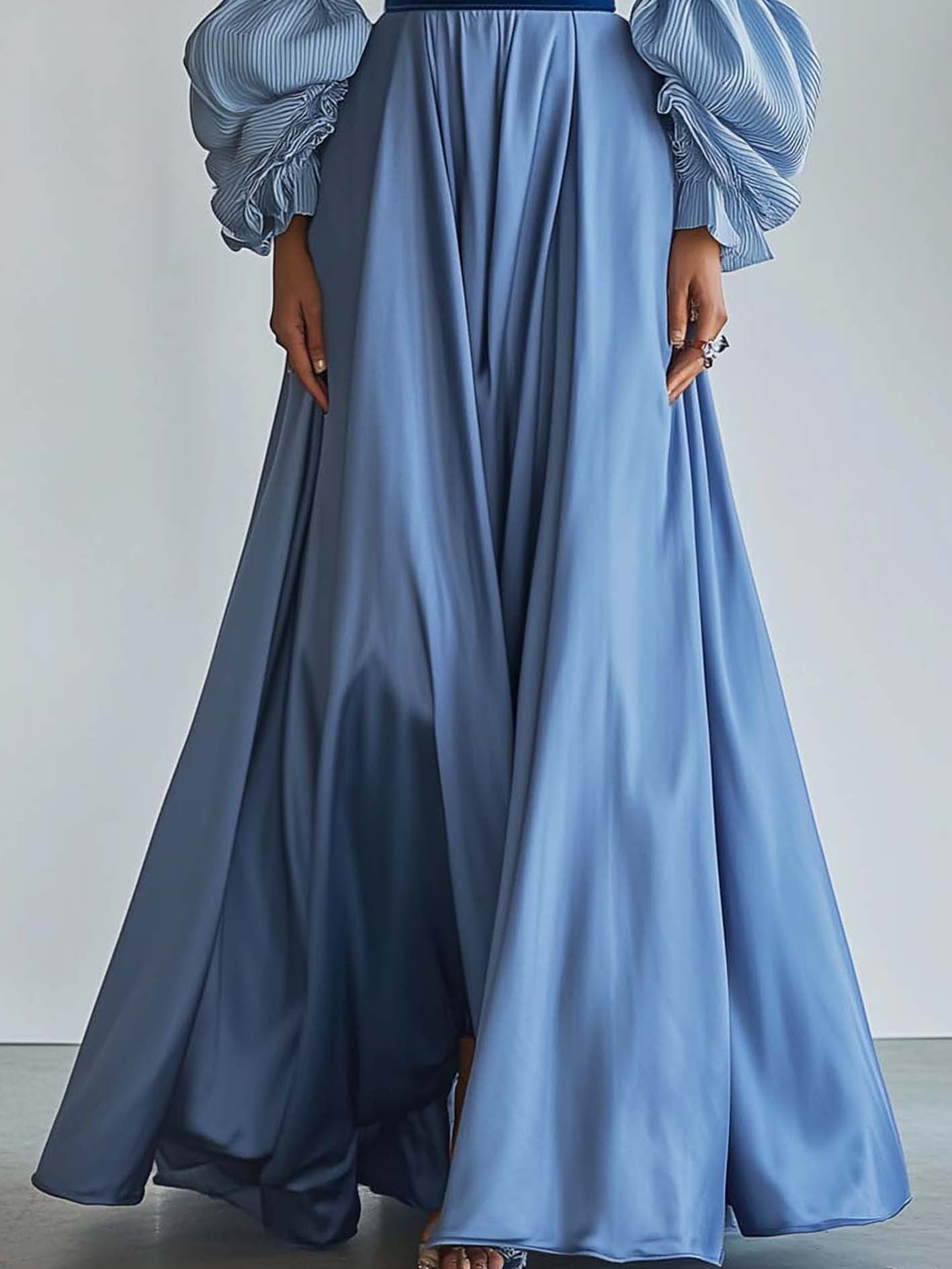 Blue Patchwork Maxi Dress With Balloon Sleeves