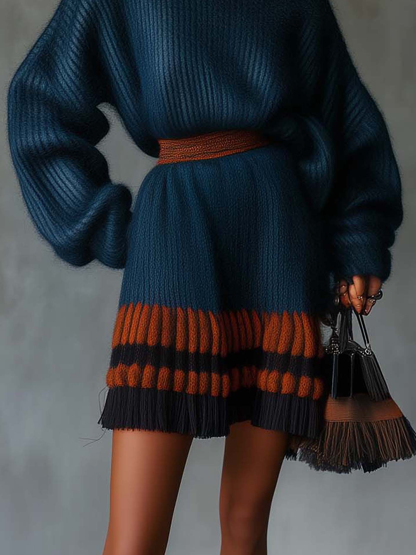 Dark Blue Knitted Mini Dress With Orange And Gray Color Blocks