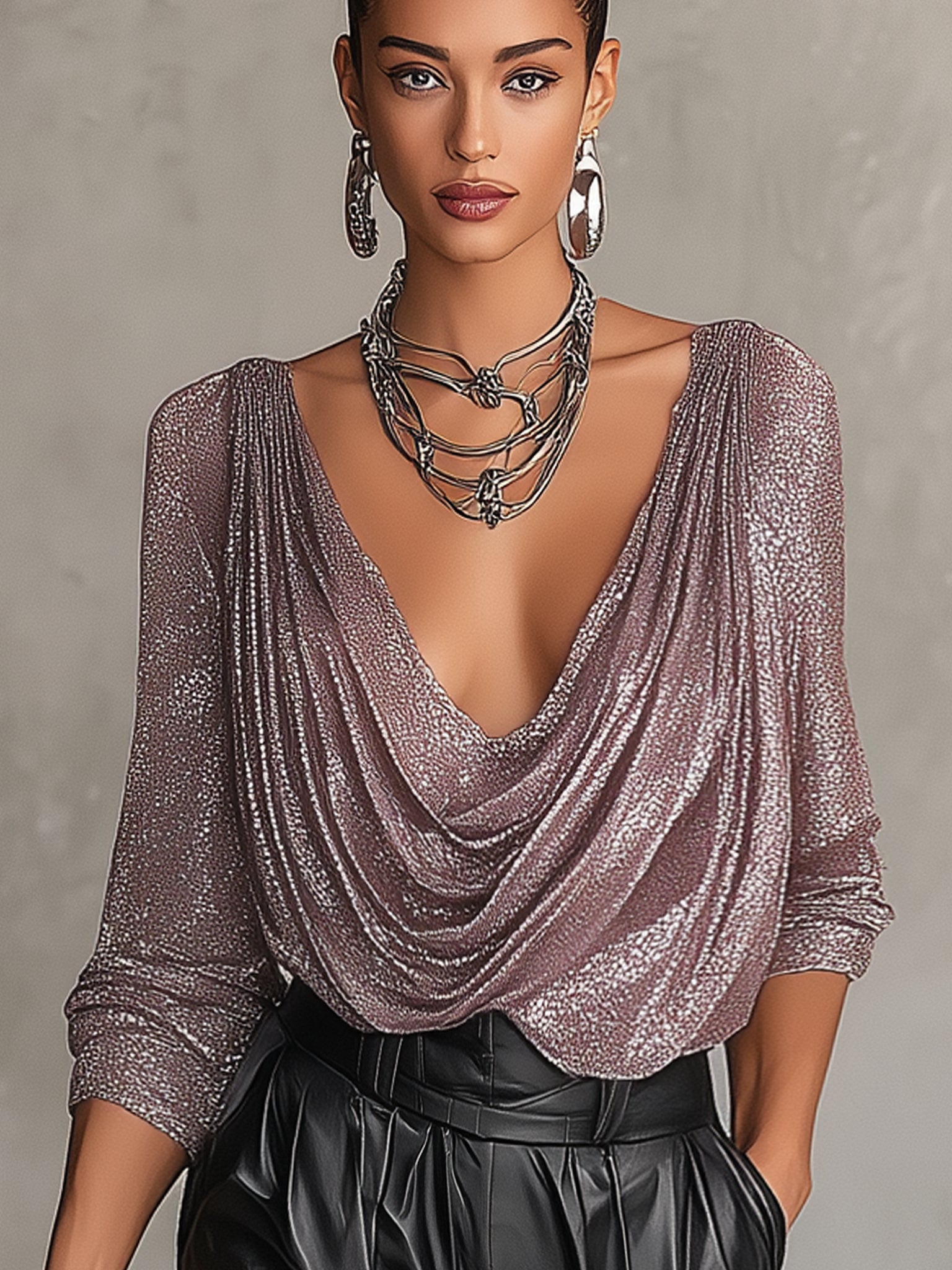 Purple Metallic Stretch V-Neck Top