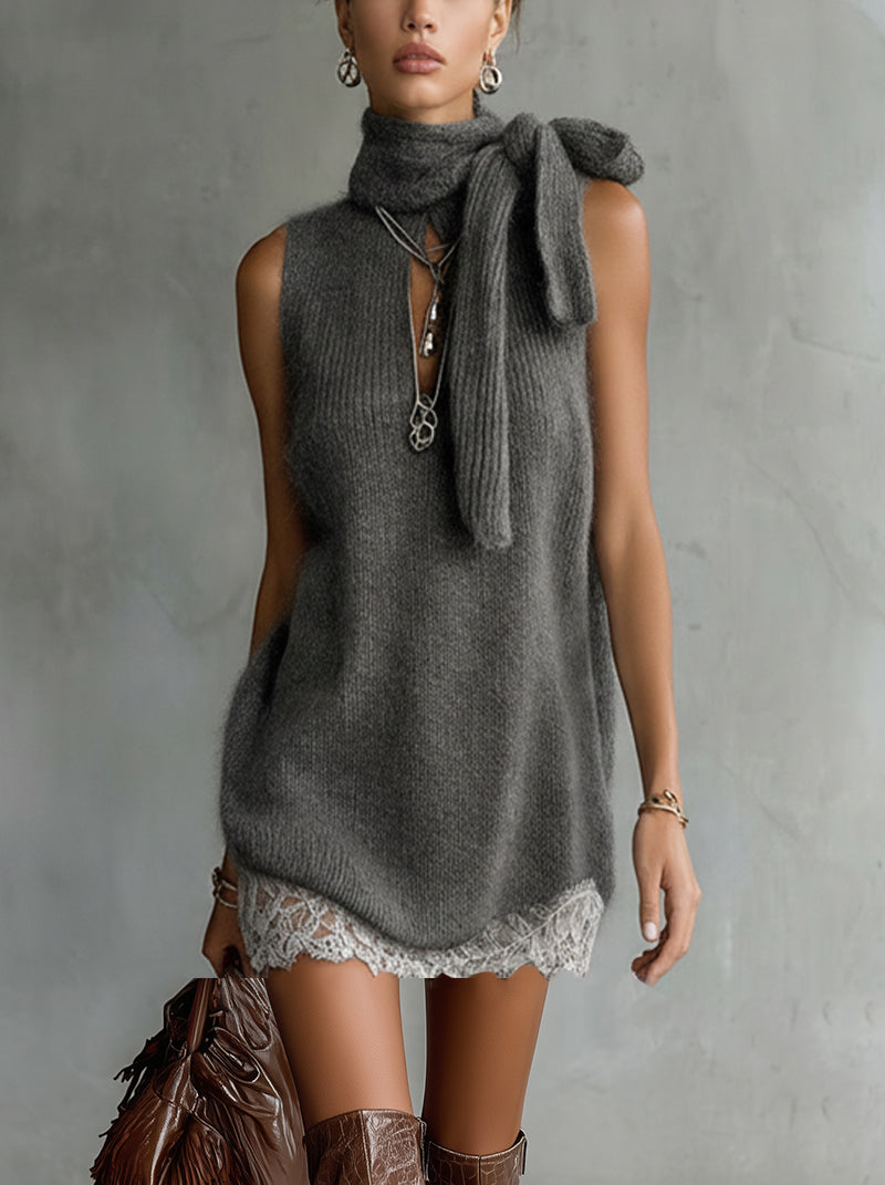 Gray Sleeveless Knit Tunic With Scarf Tie And Lace Hem